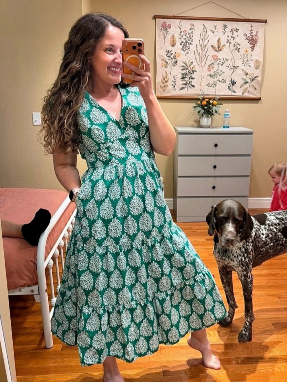 Boden Floral May Floret Midi Dress in Green & White Size 6 Cotton